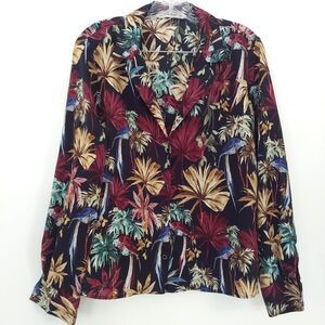 Zara Basic V Neck Blouse Tropical Long Sleeve Fall Colors Parrot Size L